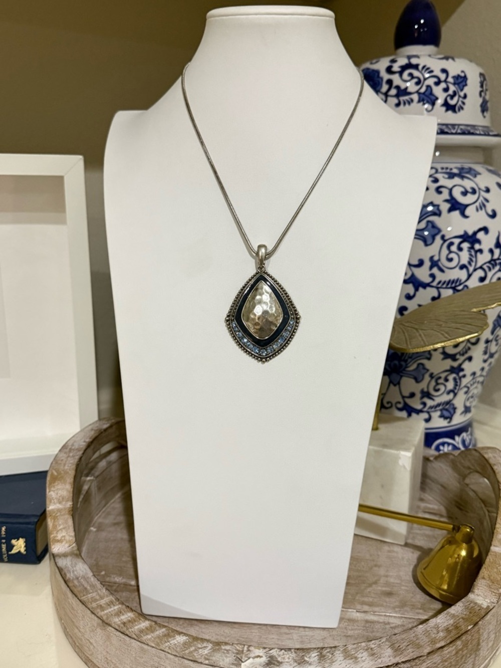 Premier Designs Hammered Pendant Blue and Silver Toned Necklace
